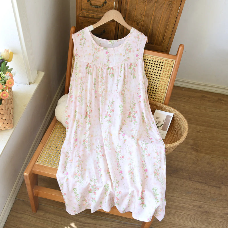 New Style Summer Sleepwear One Piece Dress Sleeveless Floral Nightgowns Woman Nightdress Soft Home Wear Lounge Sleeping Dress