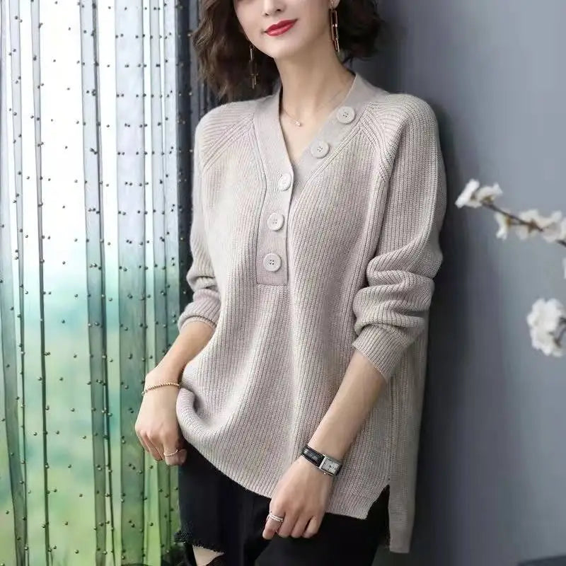 Elegant Female Autumn Winter Clothing Loose Knitting Sweater For Women Long Sleeve Top Casual V Neck Pullover Shirt M-3XL