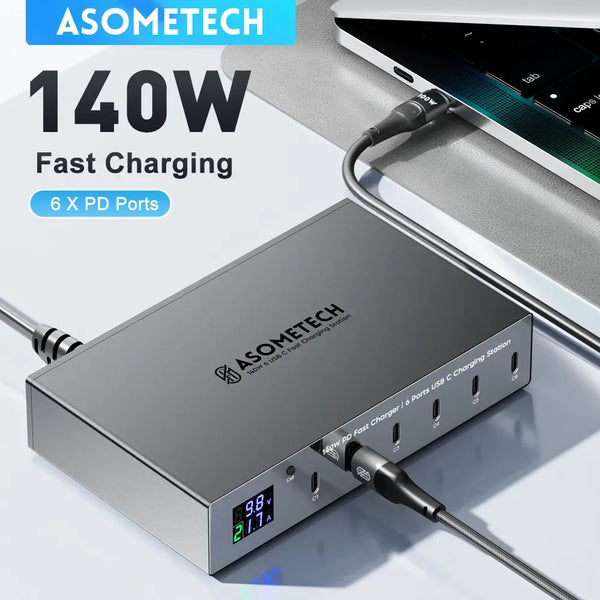 ស្ថានីយសាកថ្មលឿន 140W 6 រន្ធ PD ស្ថានីយសាកថ្មលឿន 30W Multi USB-C ជាមួយអេក្រង់ LED សម្រាប់ iPhone 14 13 Pro Max Samsung Xiaomi iPad
