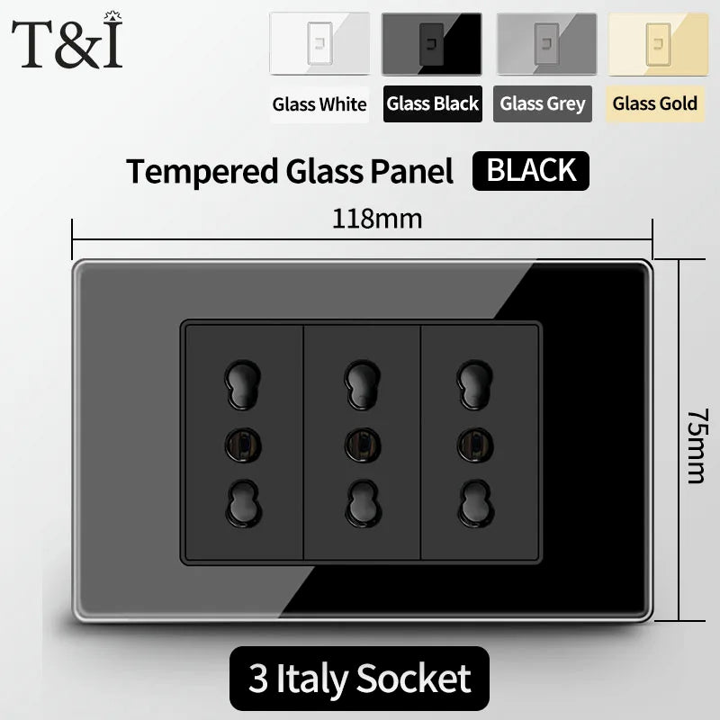 T&I Wall Switch Sockets With USB TypeC  Fast Charging, Italy Socket , Chile Schuko Outlet, Tempered Glass Panel for Home