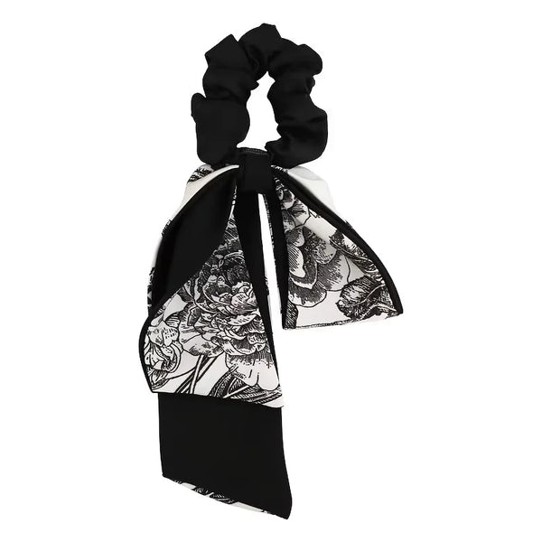 Black Velvet Retro Art Black White Printed Long Ribbon Hairband Bow Shaped Women Curling Elegant Fashion Versatile Decorative