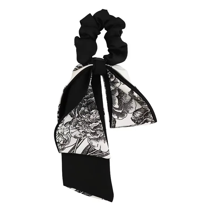 Black Velvet Retro Art Black White Printed Long Ribbon Hairband Bow Shaped Women Curling Elegant Fashion Versatile Decorative
