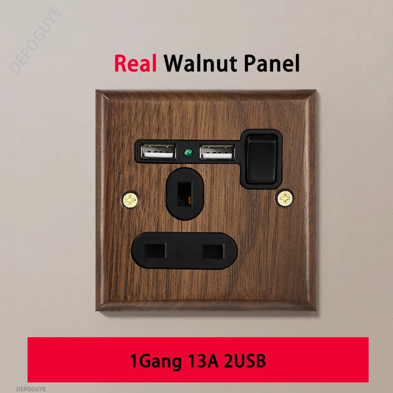 Black Retro Walnut Wall Toggle Switch Panel 1-4Gang 2Way Solid Wood Double EU/FR Socket Universal Usb C Electrical Power Outlet