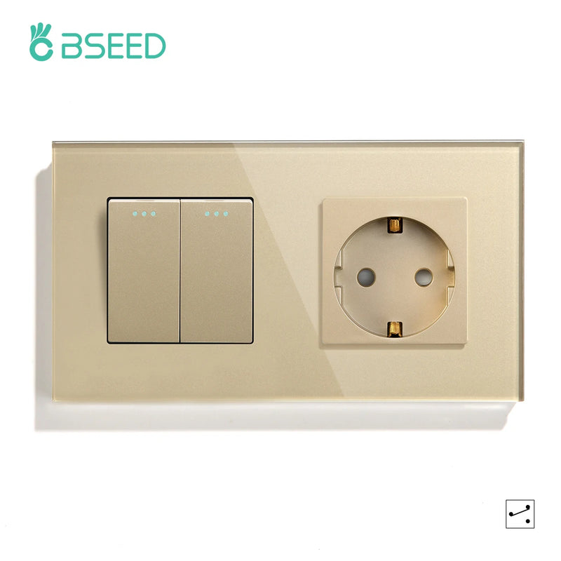 BSEED Mechanical Light Switch Wall Socket Glass Frame 1/2/3Gang 2Way Wall Switch Power Outlet Button Switches Wall Socket