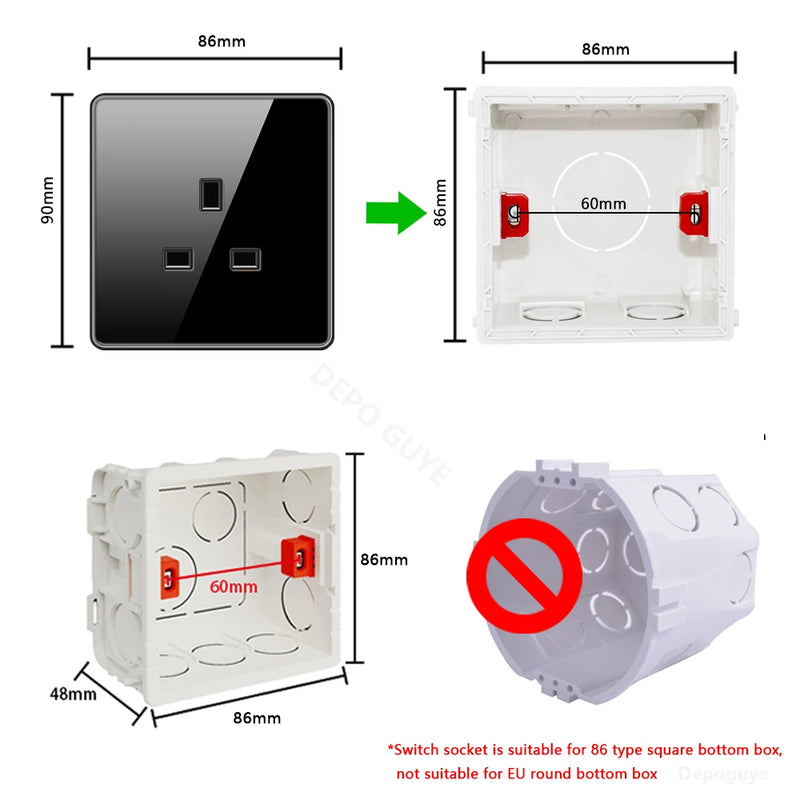 UK 13A Wall Tempered glass Socket Plug,British Standard Double 13A Wall Electrical Power Outlet Panel Black/White/Gray/Glod