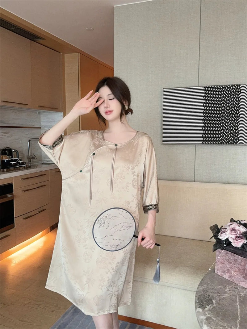 Women's Summer Dress Sleepwear Nightgown Women Home Wear Ice Silk Night Wears for Females Nightdress Loungewear Sleep Dress