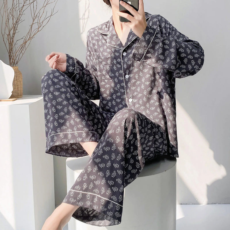 Viscose Loungewear 2 Piece Long Sleeve Top Pants Sleepwear Retro Floral Pajama Set For Women Autumn Soft Women's Home Nightwear