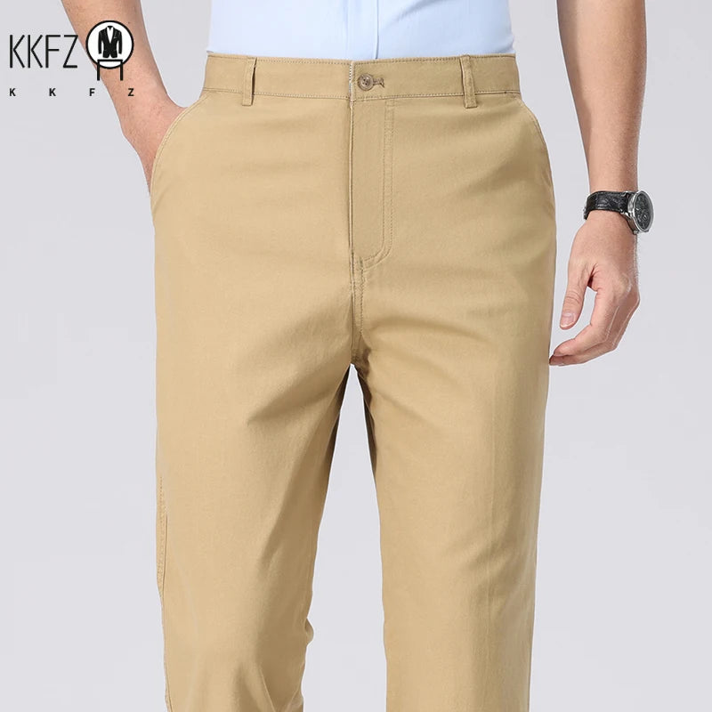 Men Cotton Straight Casual Chinos Soft Breathable Twill Fabric Zip Fly Side Slash Pockets Office Daily Commuting Long Bottoms