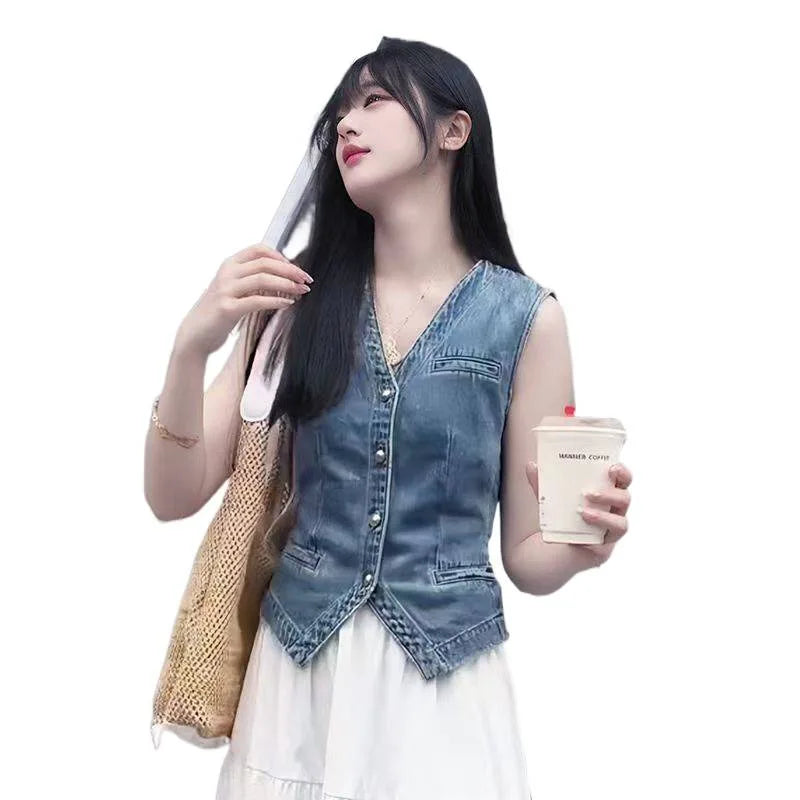 Denim V-neck Short Vest Jacket Women Spring Summer Fashionable Retro Versatile Sleeveless Top Autumn Slim Female Waistcoat