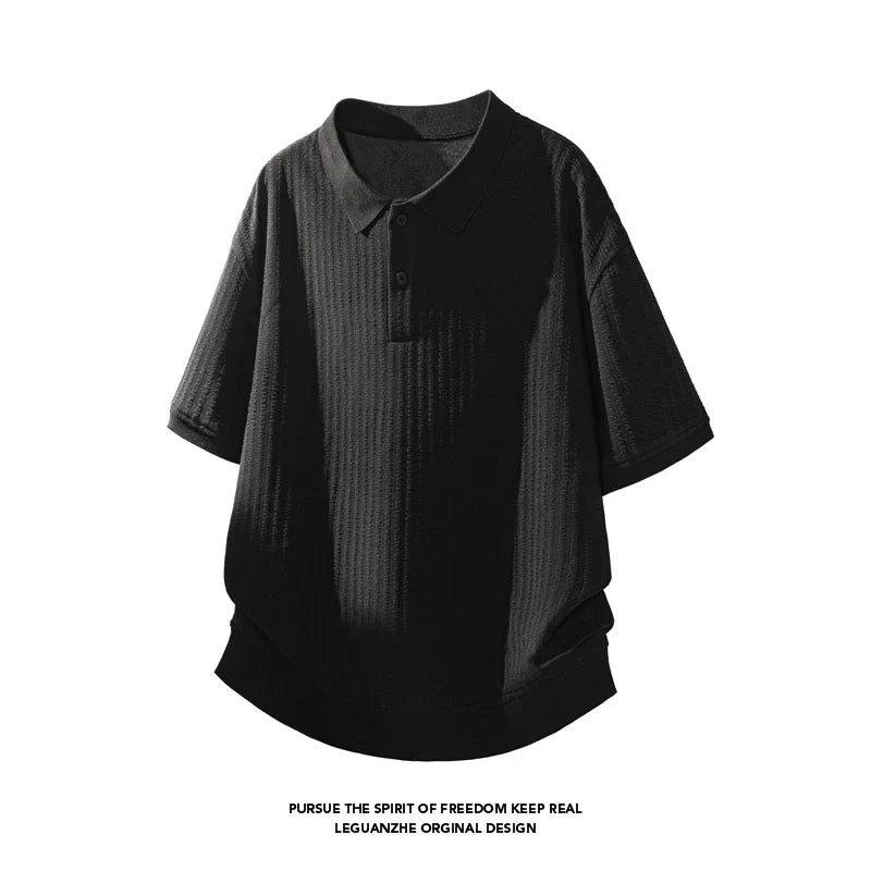 Male Summer Polo Collar Short Sleeve Shirt Vertical Woven Jacquard Cloth Relaxed Silhouette For Outdoor Travel Matching