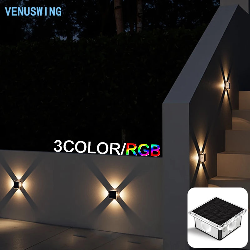 ភ្លើងជញ្ជាំង LED ដើរដោយថាមពលព្រះអាទិត្យ 4LED ក្តៅ/RGB ពហុពណ៌ ឡើងលើចុះក្រោម ភ្លើងជញ្ជាំង ចង្កៀងរបងការពារទឹកសម្រាប់សួនច្បារ ទីធ្លា ផ្លូវរានហាល