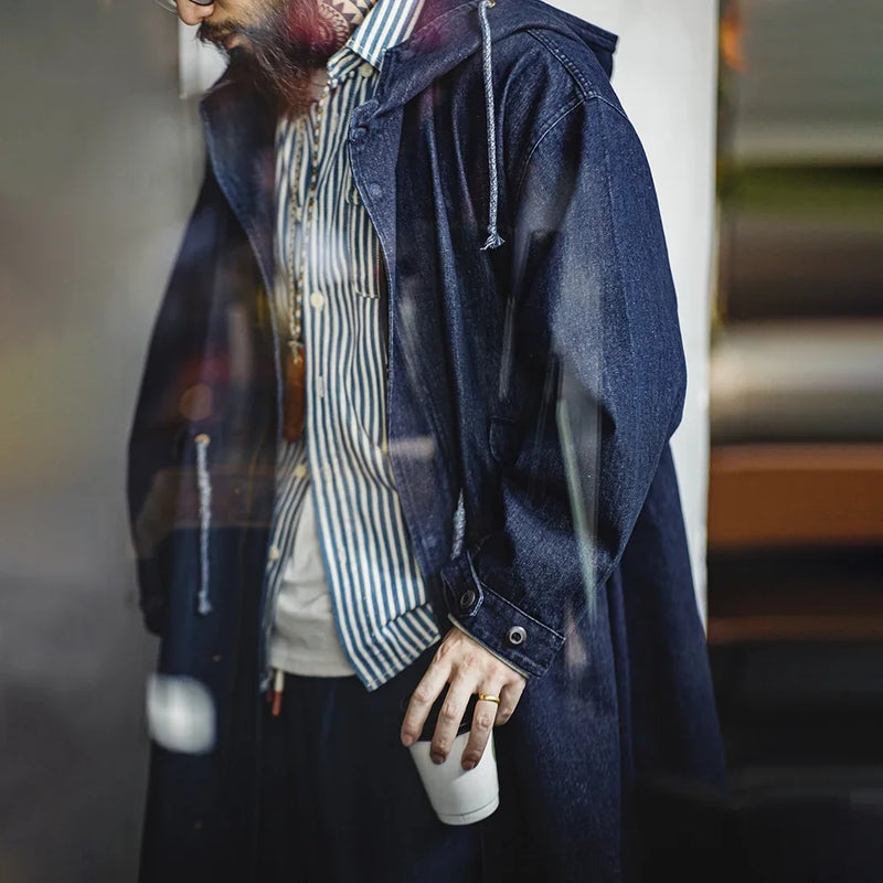 Maden Retro 10.2oz M51 Denim Jackets Fishtail Windbreaker Loose Mid-Length Solid Color Hooded Jackets for Men's Autumn Tops