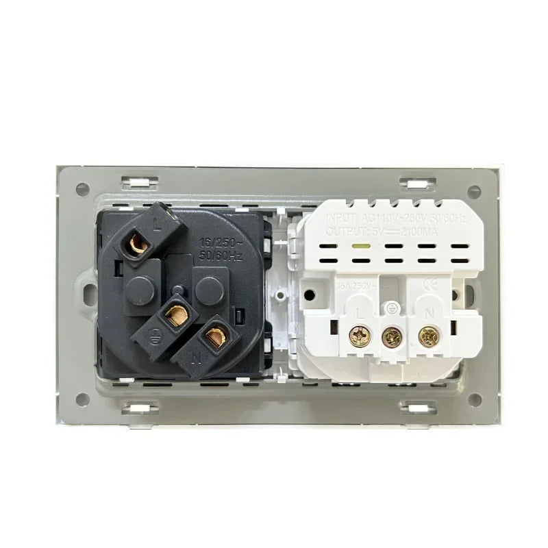 Black PC European Standard Dual 16A Wall Socket with Usb Charging Port, USB Plug Adapter 220V Power Socket Strip 146mm*86mm