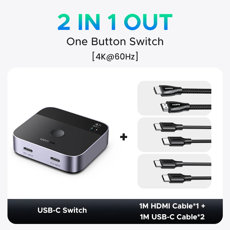UGREEN HDMI USB C Switch 2 in 1 Out 4K 60Hz Manual Button for PS5 Xbox PC TV Monitor Projector HDCP 2.2 Home Theater Gaming