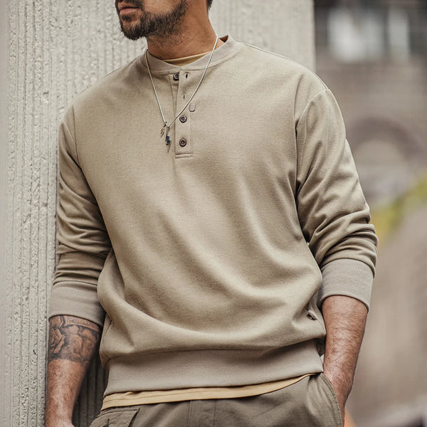 សម្លៀកបំពាក់បុរស Maden American Casual Henry Collar Tops Sweatshirt Clean-fit ដៃវែងបាត អាវយឺតនិទាឃរដូវម៉ូដទាន់សម័យ