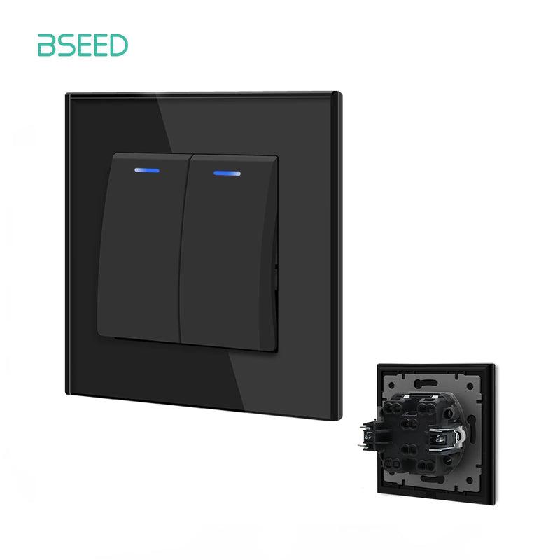 BSEED EU Standard Wall Light Switch 1/2Gang 1Way Toggle Switch Glass Panel Black Color Wall Switch On Off 10A 250V