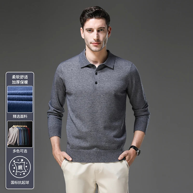Men's Lapel Solid Color Woolen Sweater, Autumn & Winter New Stretch Top, Daily Leisure Pullover Knitwear, Business POLO