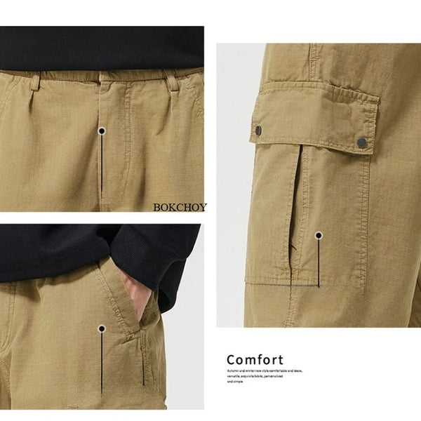 202 6 Autumn New Straight Cargo 100% Cotton Pants for Men Clothing Zipper Big Pockets Outdoor Loose Trousers GF258317