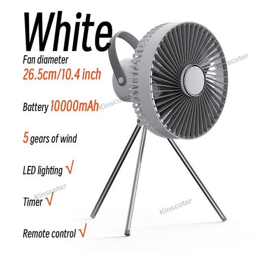 Multifunction Camping Tent Fan Desktop Portable Circulator Wireless 10000mAh Ceiling Electric Fan with Remote Control LED Light White 10000mAh