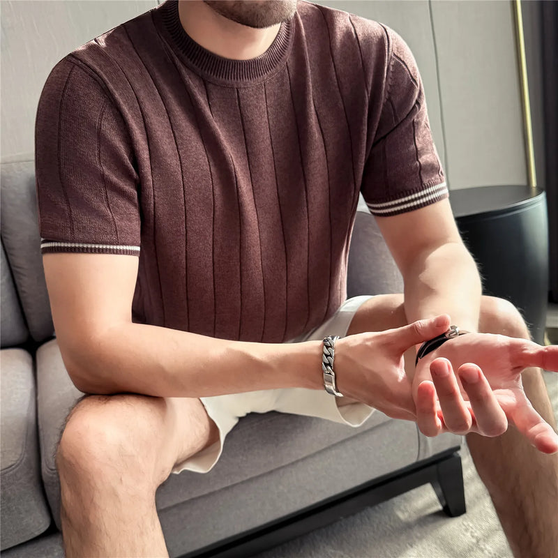 Men's Natural Linen Short Sleeve Knit Shirt - Cool Breathable Ribbed Crew Neck Top with Smooth Texture & Shape Retention