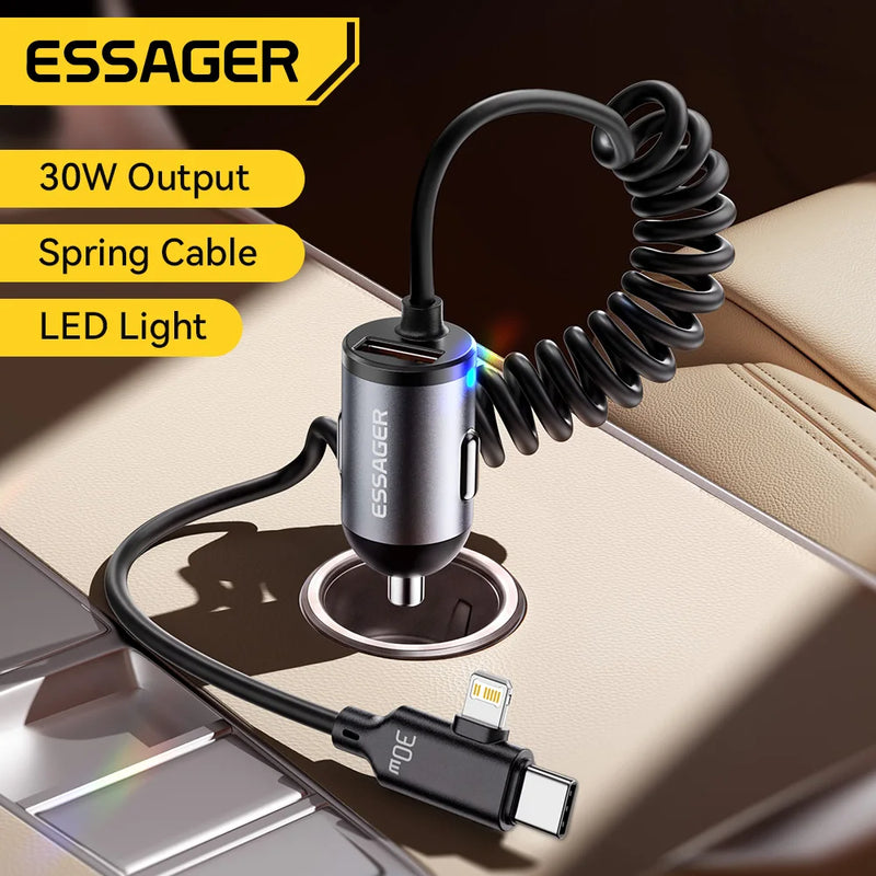 ឆ្នាំងសាករថយន្ត Essager 30W 2 ក្នុង 1 Spring Cable រន្ធ USB-A និង USB-C/Lighting សាកលឿនសម្រាប់ iPhone 17 16 15 14 13 12 Samsung