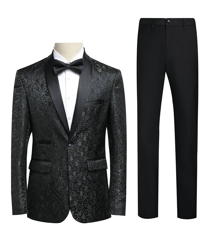 2027 New Men's Two-Piece Suit Set: Jacquard Jacket Paired with Black Pants, Perfect for Weddings, Parties, Stage Performances.