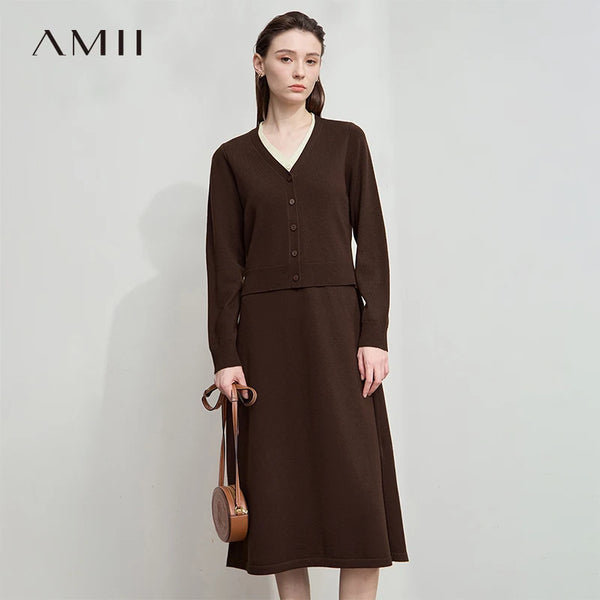 AMII Dress Ladies 2026 Autumn New Woman Clothing V-neck Fake Two-piece Knitted A-line Casual Elegant Dresses For Woman 12543051