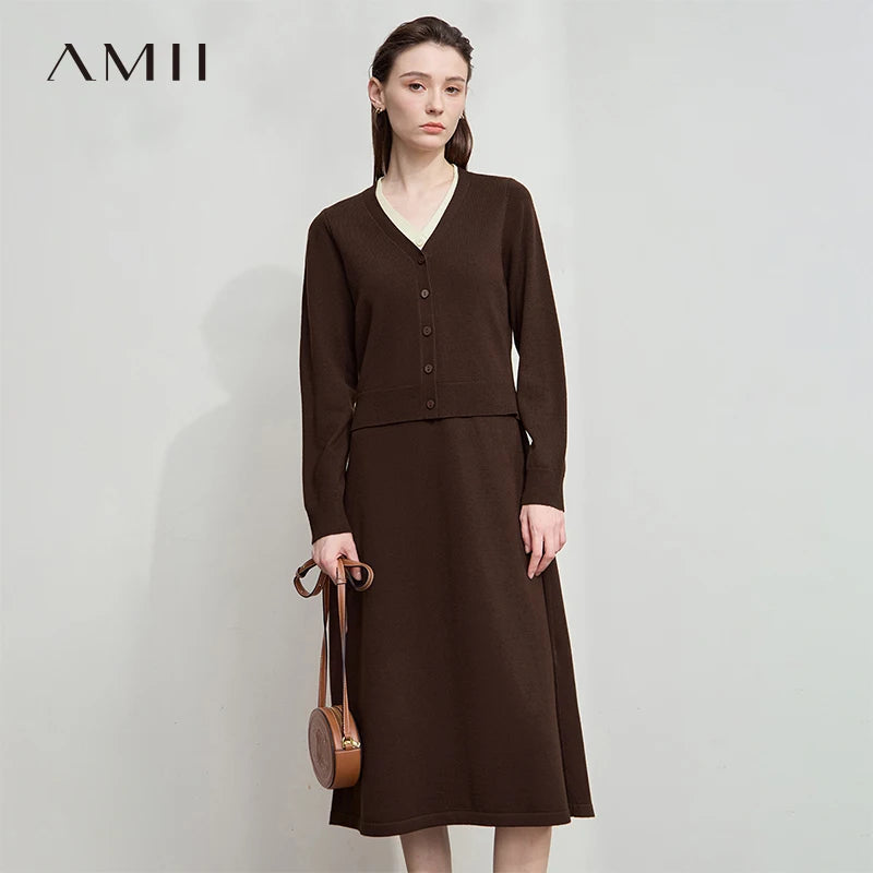 AMII Dress Ladies 2026 Autumn New Woman Clothing V-neck Fake Two-piece Knitted A-line Casual Elegant Dresses For Woman 12543051