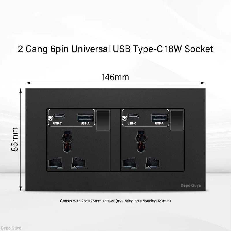 Black UK 13A Wall Socket with USB Type C 18W Quick Charge Plug Socket,Universal Wall power outlet 220V Electrical Light Switch