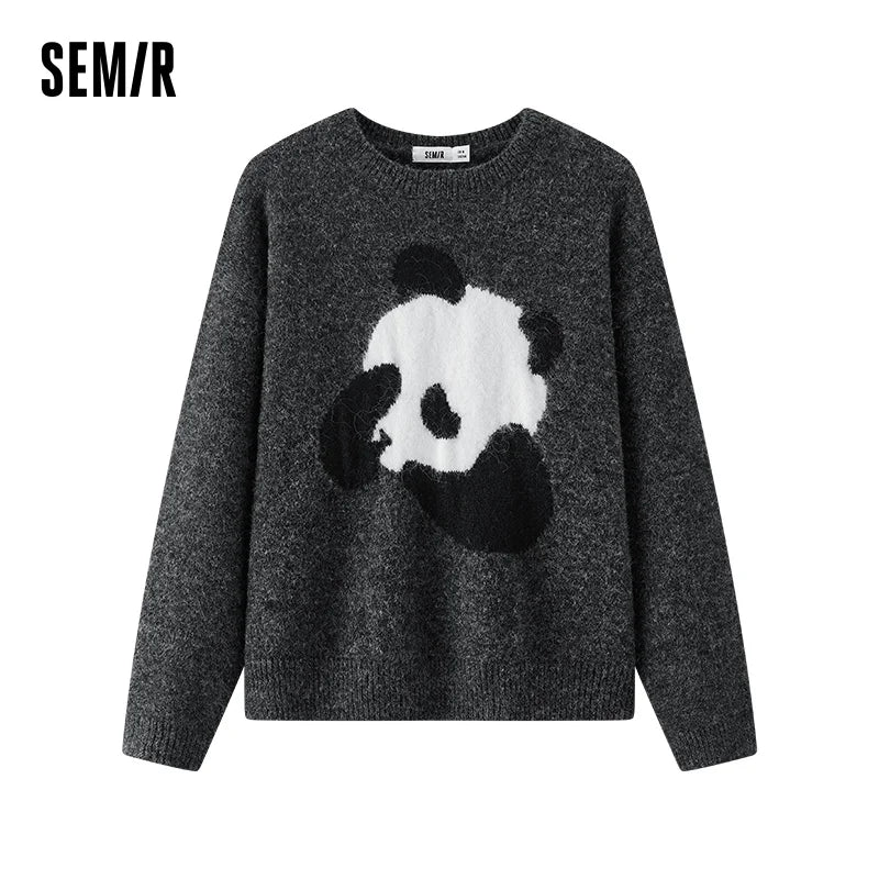 Semir Women Sweater Panda Graphic Crew Neck Drop Shoulder Loose Fit 2026 Winter Layering Wear Warm Knit Everyday Style