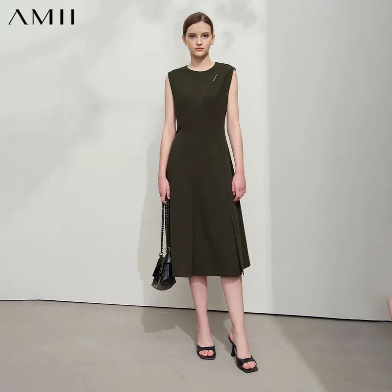 AMII Minimalist Women's Dress 2026 Summer Elegant Waisted Mid-Length Sleeveless A-Line Slightly Stretchy Designs Dress 12541010