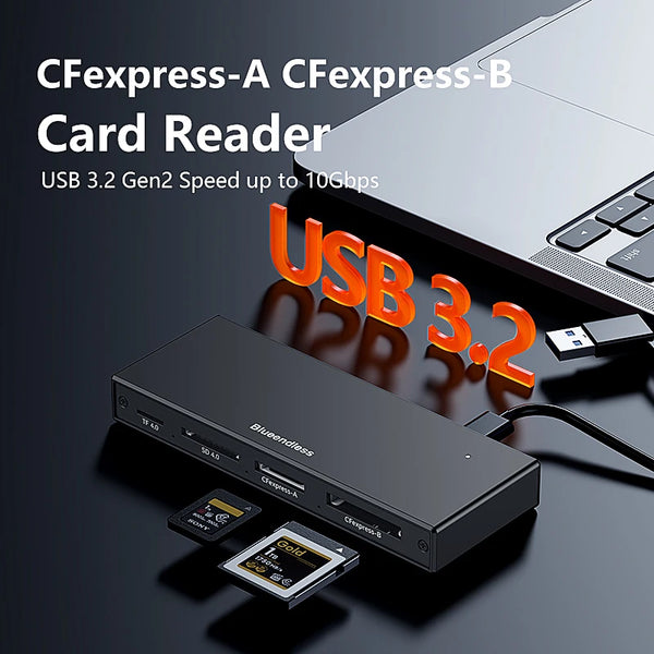 ឧបករណ៍អានកាត Blueendless 6 ក្នុង 1 CFexpress A B SD4.0 TF4.0 USB 3.2 10Gbps មេម៉ូរីកាតអាដាប់ទ័រសម្រាប់កុំព្យូទ័រយួរដៃកុំព្យូទ័រពហុច្រកប្រភេទ C Hub