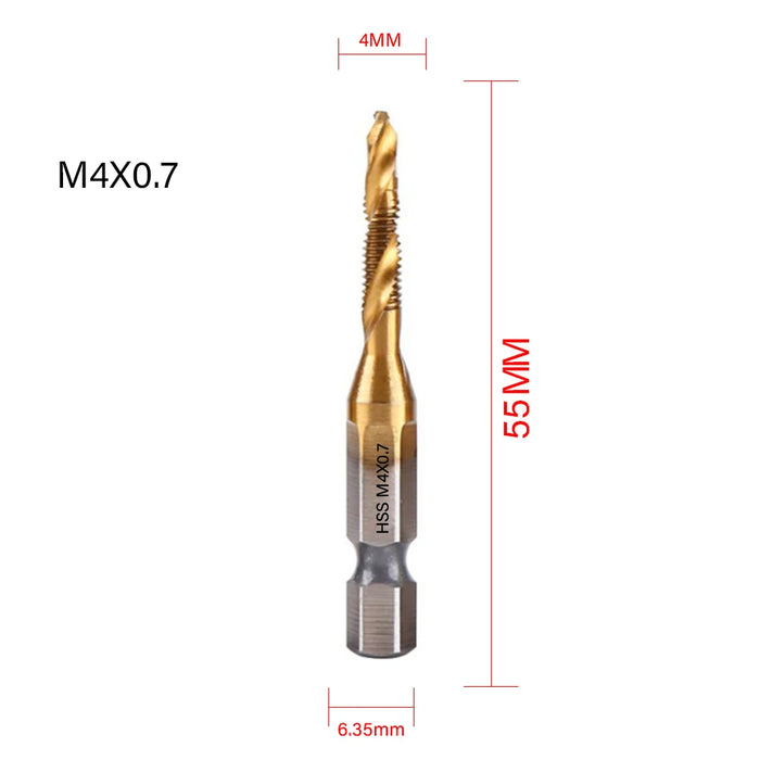 NEW Tap Drill Bit Set Hex Shank Titanium Plated HSS Screw Thread Bit Screw Machine Compound Tap M3 M4 M5 M6 M8 M10 Hand Tools M4X0.7 Golden