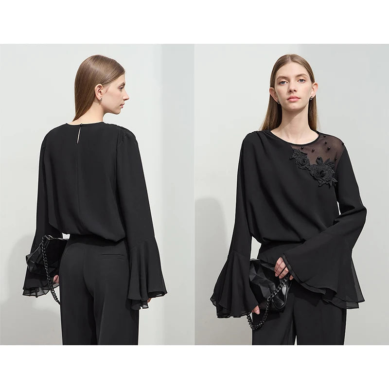 អាវ Amii Chiffon សម្រាប់ស្ត្រី 2026 រដូវស្លឹកឈើជ្រុះម៉ូដថ្មីឆើតឆាយ អាវផ្កាប៉ាក់ អាវដៃវែង 12541014
