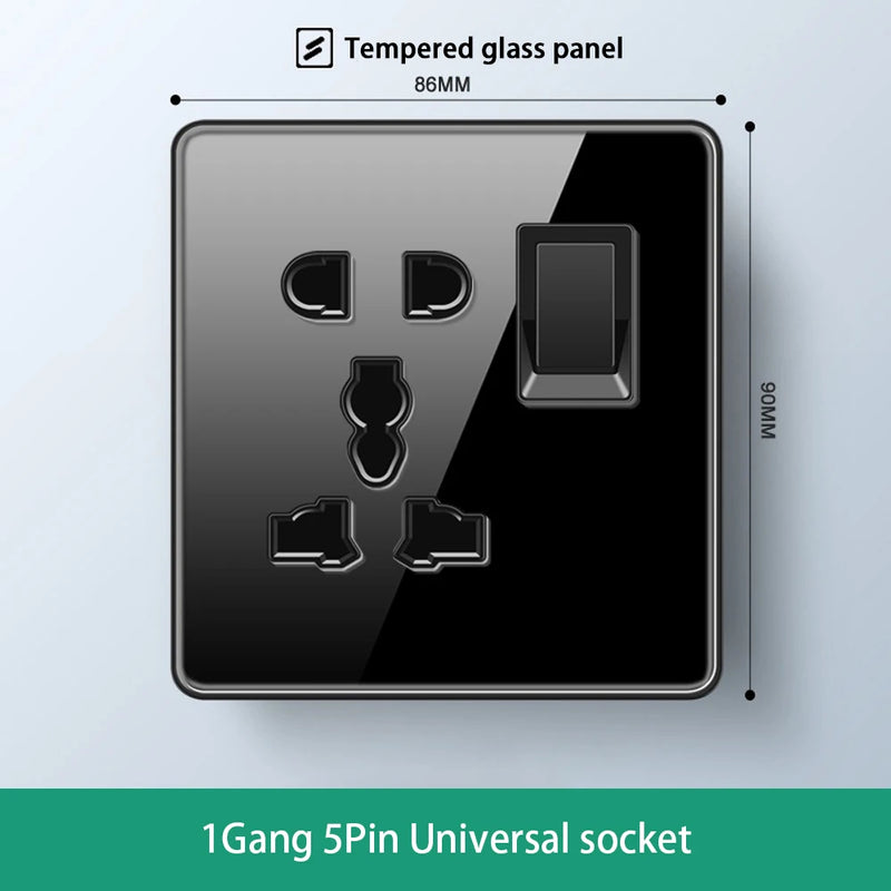Luxury All Tempered Glass Wall Light Switch Button Black UK Plug 13A Universal Wall Socket with Usb ,220V1gang2way Speed Switch