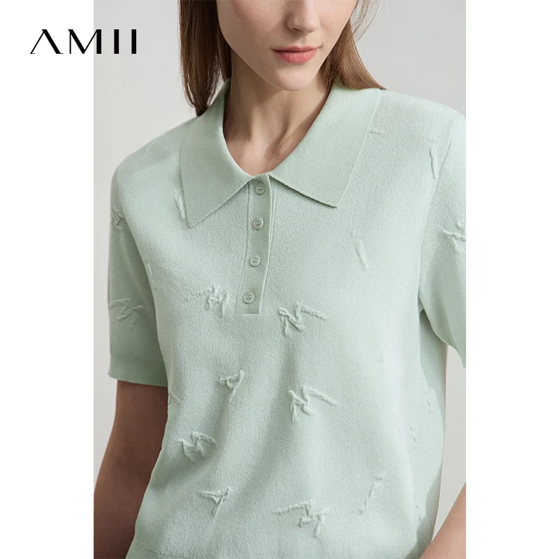 អាវយឺតដៃខ្លី Amii Minimalist សម្រាប់នារី រដូវស្លឹកឈើជ្រុះ ឆ្នាំ២០២៦ ថ្មី POLO ក អក្សរ Jacquard អាវច្រើនមុខងារ 12542136