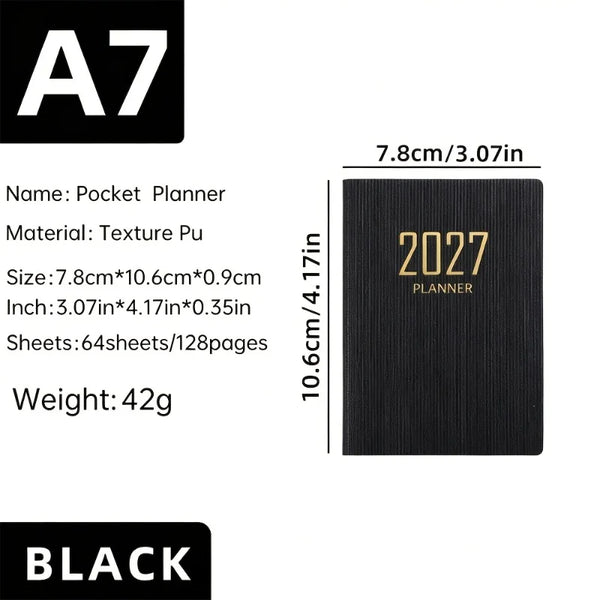 A7-sized 2027 English Planner,365-day Daily Planner Calendar, A7 Mini Portable Pocket Daily Planner, PU Leather Small Notebook