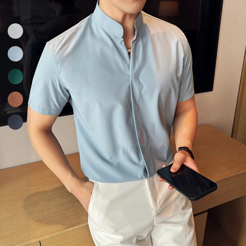 Stand Collar Short-Sleeved Shirt, Men's High-Grade White V-Collar Shirt, Drape Stretch Fashion V-neck Shirt, Business Office