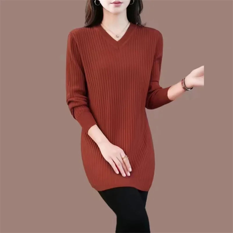 Solid Stretch Female Jumper Top Spring Autumn Large Size Knitted Sweater Women's Pullovers Casual V-Neck Long Knitwear Dress