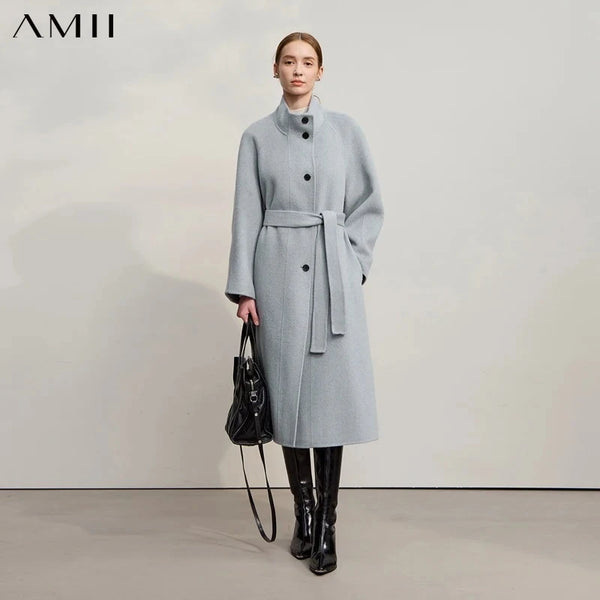 AMII Woolen Coat Woman 2026 Winter New Solid Color Long Sleeves Jacket With Stand Collar Versatile Loose Long Outerwear 12544042