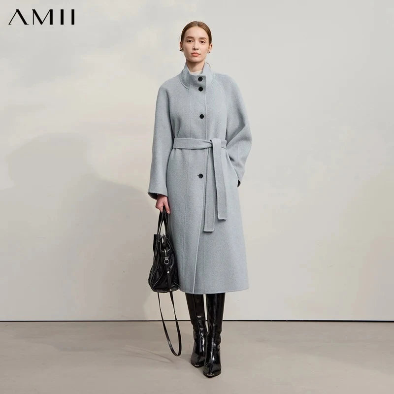 AMII Woolen Coat Woman 2026 Winter New Solid Color Long Sleeves Jacket With Stand Collar Versatile Loose Long Outerwear 12544042