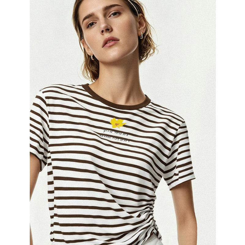 Amii Women's T-Shirt 2026 Summer New Round Neck Short Sleeve Versatile Tee Casual Color Block Stripe Printed Top Women 12622201