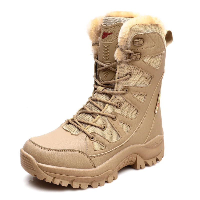 Men Women's High-Top Cotton Boots Winter Warm Plush Casual Snow Hiking Boots Outdoor Forest Protection Tactical Training Boots