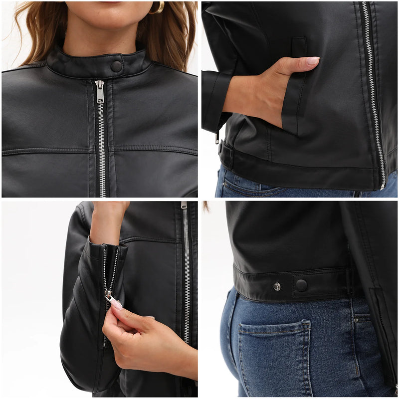 2026 New Women's Black Fitted Leather Jacket with Front Zipper & Side Pockets‌, Available in Brown, Navy Blue, and Beige.