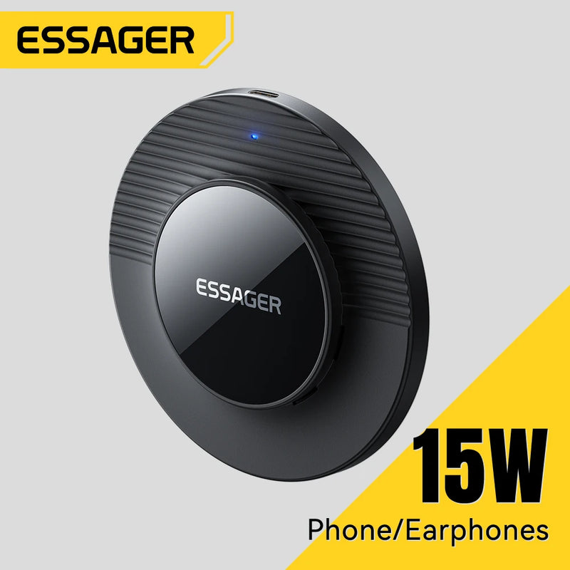 ឆ្នាំងសាកឥតខ្សែ Essager 15W ម៉ាញេទិក បន្ទះសាកថ្មលឿន សម្រាប់ iPhone 17 16 15 Pro កាសស្តាប់ត្រចៀក Huawei Samsung Xiaomi ទូរស័ព្ទ Android