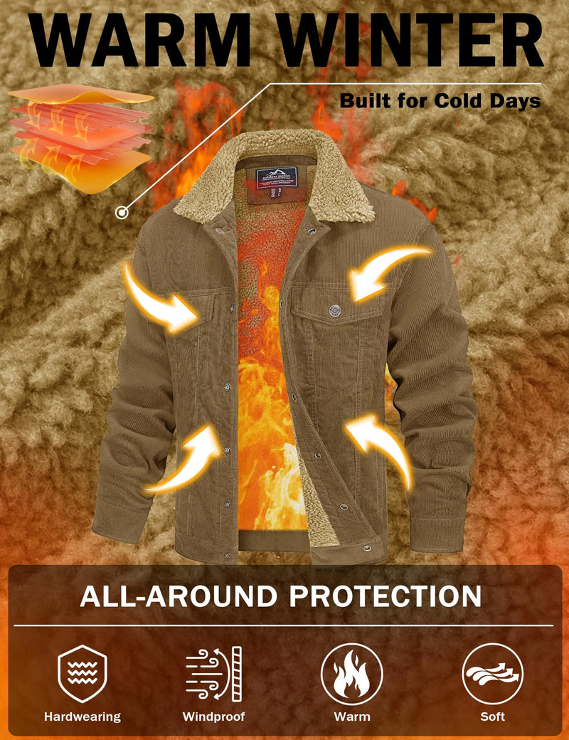 TACVASEN Men's Winter Corduroy Sherpa Lined Warm Turn-Down Collar Jacket Daily And Outdoor Long Sleeve Coat With Utility Pocket