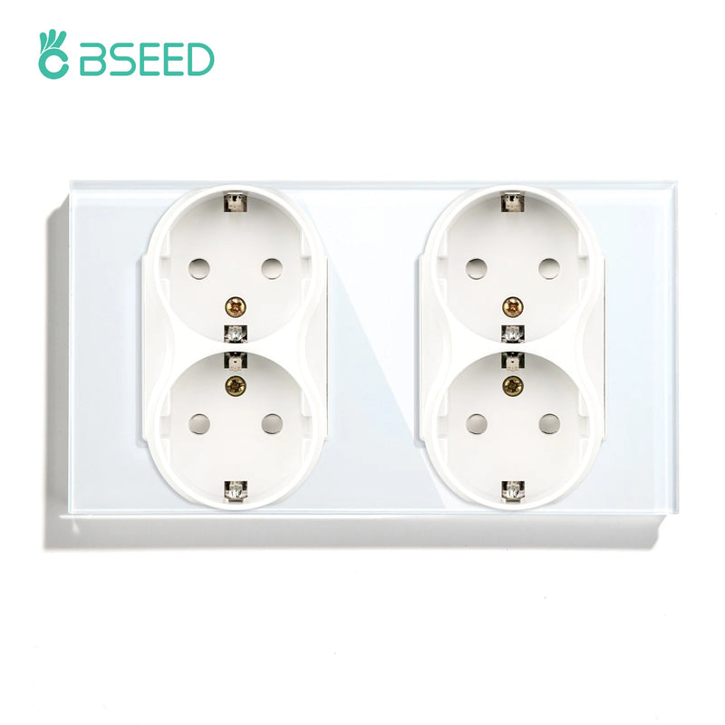 BSEED EU Standard Double Wall Power Outlets Double Electric Sockets Dual Plugs Glass Panel 16A 110-250V Home Improvement