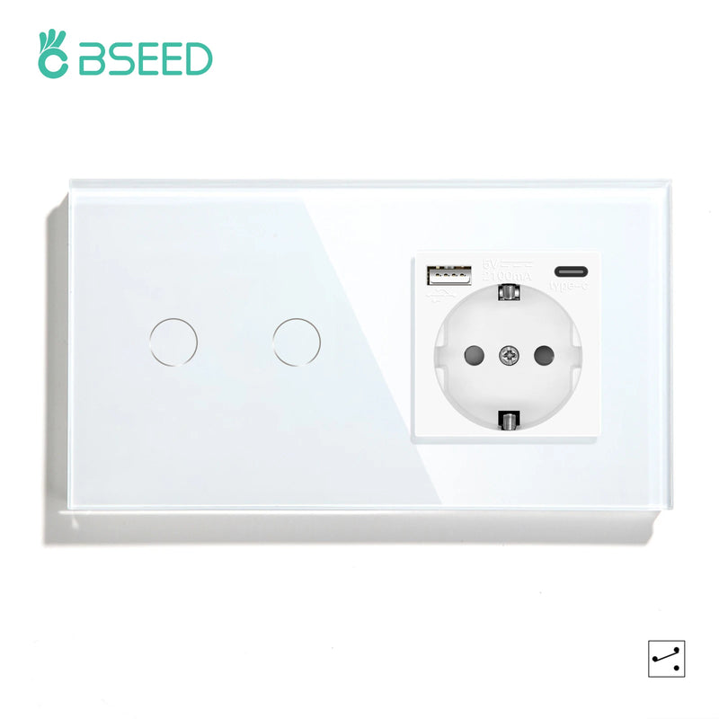 Bseed 1/2/3 Gang 2 Way Touch Light Switch with EU Socket and USB Type-C Port, Tempered Glass Wall Switch with Blue Backlight