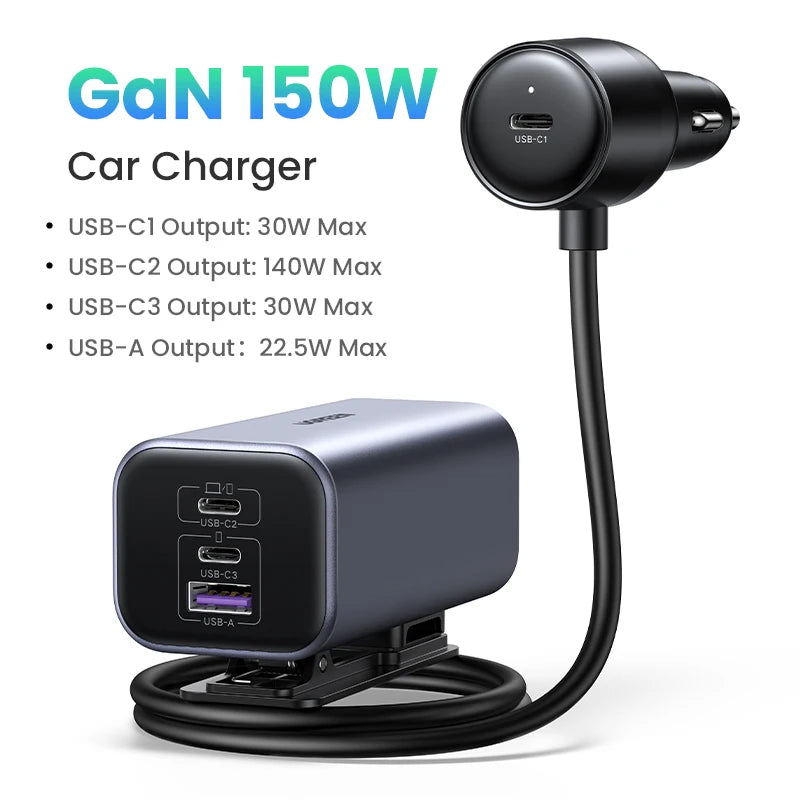 UGREEN 150W Car Charger GaN Fast Charge Extender 4 USB Devices Charger for iPhone 18 Pro Max 17 16  Charger for iPad Notebook