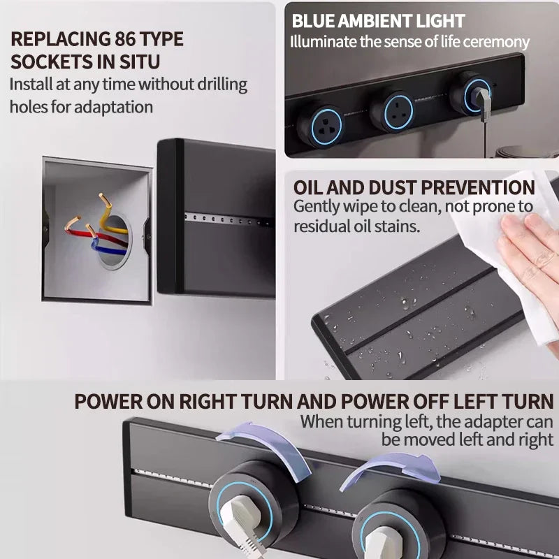 Wall power rail socket EU, kitchen aluminum expansion socket 40cm 50cm, built-in socket on countertop
